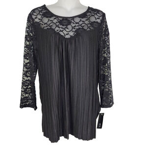 AGB Top Womens Size Large Pleated Knit Black Blouse Lace 3/4 Sleeves